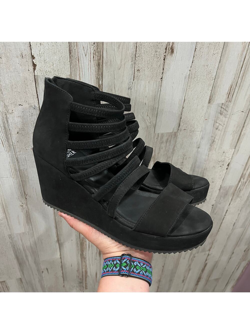 Eileen Fisher Black Suede Wavey Strappy Wedges Heels Sandals Womens Size 8.5